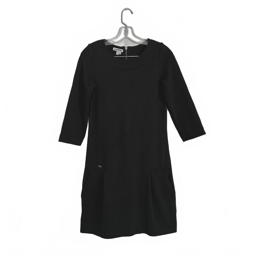 Lacoste Black Ponte Knit Shift Dress 3/4 Sleeve Pockets Logo Peru Women’s Sz 36